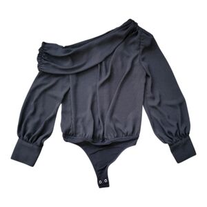 NWT Express Draped Off Shoulder Asymmetrical Bodysuit Black Long Sleeve XS